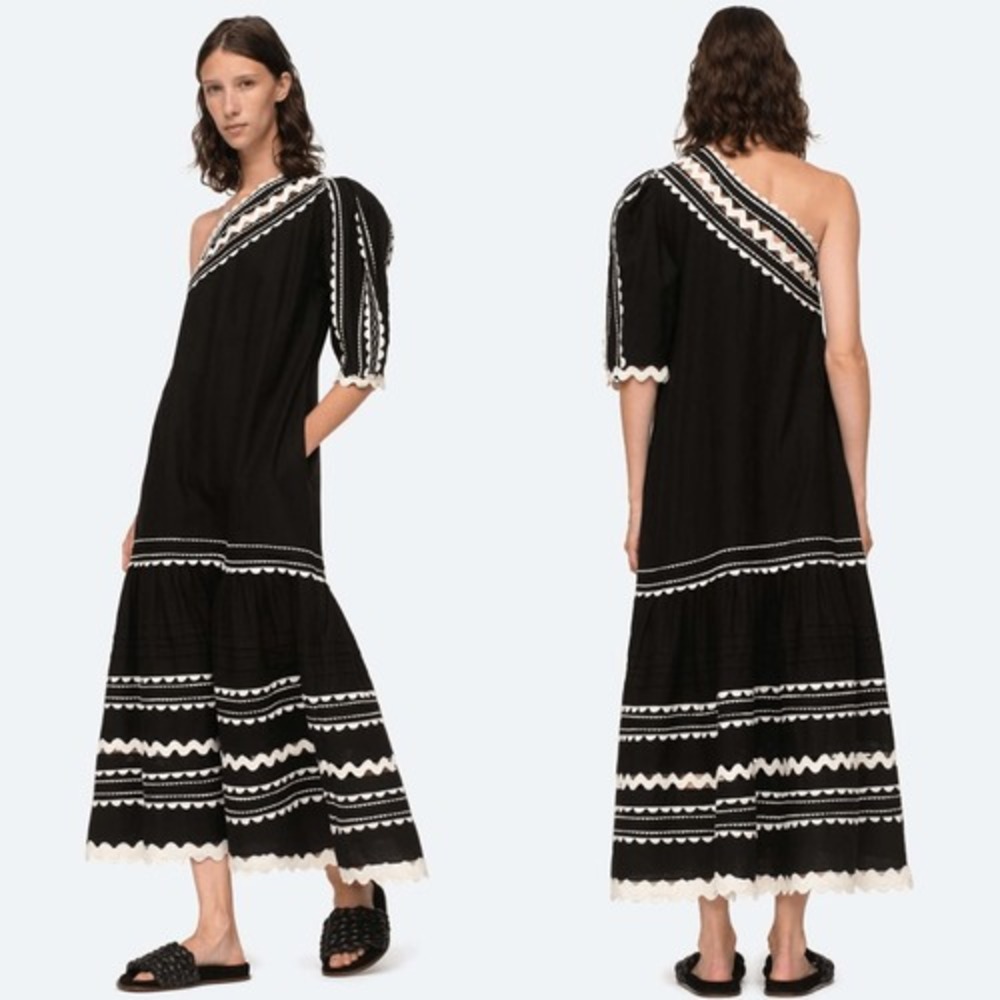 NWT Sea New York Dress Ryleigh One Shoulder Midi Dress Black White Cotton Size S